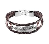 HUIANGLIYG Men'S Double-Layer Braided Genuine Leather Bracelet Creative Feather Charm Wrap Braided Bracelet With Secure Clasp Vintage Handwoven Rope Wristband Brown+White 21 Cm