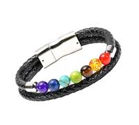 HUIANGLIYG Men'S Double-Layer Braided Leather Bracelet Natural Stone Beads Cuff Bracelets With White Magnetic Closure Boho Handmade Jewelry Accessories Gift 7 Chakra 21 Cm