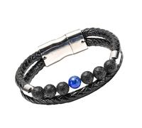 HUIANGLIYG Men'S Double-Layer Braided Leather Bracelet Natural Stone Beads Cuff Bracelets With White Magnetic Closure Boho Handmade Jewelry Accessories Gift Lapis-Lazuli 21 Cm