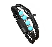 HUIANGLIYG Men'S Double Layer Braided Leather Bracelet Natural Stone Beads Leather Wristband with Cross Vintage Religious Faith Bracelet Unique Gift for Him Turquoise 22Cm