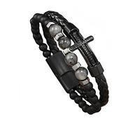 HUIANGLIYG Men'S Double Layer Braided Leather Bracelet Natural Stone Beads Leather Wristband with Cross Vintage Religious Faith Bracelet Unique Gift for Him Flash Stone 22Cm