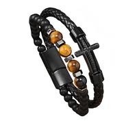 HUIANGLIYG Men'S Double Layer Braided Leather Bracelet Natural Stone Beads Leather Wristband with Cross Vintage Religious Faith Bracelet Unique Gift for Him Tiger'S Eye Stone 21Cm