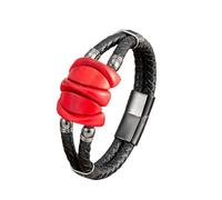 HUIANGLIYG Men'S Double Row Braided Black Leather Wristbands Vintage Natural Stone Bracelet with Magnetic Clasp Stylish Boho Wrist Jewelry Gift for Him Rhodochrosite Black 23Cm