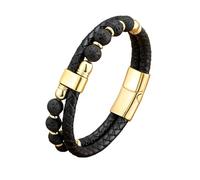 HUIANGLIYG Mens Double Row Braided Leather Bracelet with Natural Stone Beads Adjustable Magnetic Clasp Wristband Stylish Casual Cuff Bangle Jewelry Gift for Him Volcanic Rock 19Cm