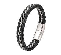 HUIANGLIYG Mens Double Row Braided Leather Link Chain Bracelet Classic Single Chain Woven Leather Business Bangle Black Fashion Handmade Wristband Gift for Him Accessories Silver Chain 21Cm