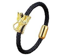 HUIANGLIYG Men'S Dragon Head Braided Leather Wristband Vintage Viking Black Bangle Bracelet With Magnetic Clasp Punk Rock Chinese Dragon Jewelry Gift For Men Boys Gold 21 Cm