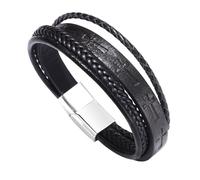 HUIANGLIYG Men'S Engraved Cross Leather Bracelet Multi-Layer Braided Genuine Leather Faith Cuff Wristband Mens Jesus Cross Bracelets Religious Memorial Bangle for Daily Church WearBlack 21Cm