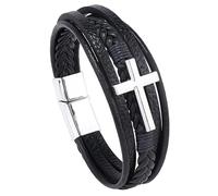 HUIANGLIYG Men'S Faith Bracelet Cross Genuine Leather Bracelet for Men Women Religious Cross Multi-Layer Braided Bangle Wristband for Daily Church WearBlack Leather-Silver Accessories 19Cm