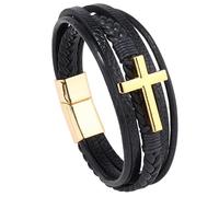HUIANGLIYG Men'S Faith Bracelet Cross Genuine Leather Bracelet for Men Women Religious Cross Multi-Layer Braided Bangle Wristband for Daily Church WearBlack Leather-Gold Accessories 19Cm