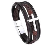 HUIANGLIYG Men'S Faith Bracelet Cross Genuine Leather Bracelet for Men Women Religious Cross Multi-Layer Braided Bangle Wristband for Daily Church WearBrown Leather-Silver Accessories 21Cm