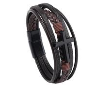 HUIANGLIYG Men'S Faith Bracelet Cross Genuine Leather Bracelet for Men Women Religious Cross Multi-Layer Braided Bangle Wristband for Daily Church WearBrown Leather-Black Accessories 21Cm