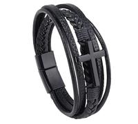 HUIANGLIYG Men'S Faith Bracelet Cross Genuine Leather Bracelet for Men Women Religious Cross Multi-Layer Braided Bangle Wristband for Daily Church WearBlack Leather-Black Accessories 21Cm