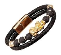 HUIANGLIYG Men'S Feng Shui Pi Xiu Bracelet Black Braided Leather Bracelet With Natural Stone Multi-Layer Magnetic Clasp Rope Wristband Lucky Wealth Attracting Jewelry Gold-A 21 Cm