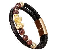 HUIANGLIYG Men'S Feng Shui Pi Xiu Bracelet Black Braided Leather Bracelet With Natural Stone Multi-Layer Magnetic Clasp Rope Wristband Lucky Wealth Attracting Jewelry Gold-H 23 Cm