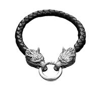 HUIANGLIYG Men'S Ferocity Wolf Head Leather Bracelet Vintage Black Braided Leather Bangle Wristband For Fathers Day Christmas Gothic Punk Men'S Accessory White 21 Cm