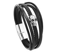 HUIANGLIYG Men'S Gothic Skull Leather Bracelet Multi Layer Black Braided Leather Wristband with Magnetic Clasp Punk Rock Skeleton Cuff Bangle Jewelry Gift for Him Silver Buckle 19Cm
