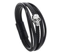 HUIANGLIYG Men'S Gothic Skull Leather Bracelet Multi Layer Black Braided Leather Wristband with Magnetic Clasp Punk Rock Skeleton Cuff Bangle Jewelry Gift for Him Black Buckle 23Cm