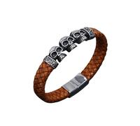 HUIANGLIYG Men'S Gothic Skull Leather Bracelet with Magnetic Clasp Black Braided Leather Wristband Vintage Skull Head Viking Bracelets Unique Gift for Rock Biker Fans Light Brown 22.5Cm
