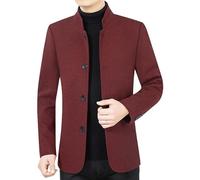 HUIANGLIYG Mens Herringbone Blazer Vintage Tweed Wool Blend Suit Jacket Mandarin Collar Single Breasted Woolen Coat Casual Business Windproof Overcoat Burgundy M