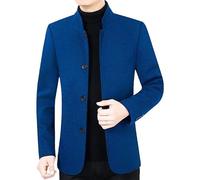 HUIANGLIYG Mens Herringbone Blazer Vintage Tweed Wool Blend Suit Jacket Mandarin Collar Single Breasted Woolen Coat Casual Business Windproof Overcoat Royal Blue S