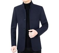 HUIANGLIYG Mens Herringbone Blazer Vintage Tweed Wool Blend Suit Jacket Mandarin Collar Single Breasted Woolen Coat Casual Business Windproof Overcoat Navy Blue Xxl