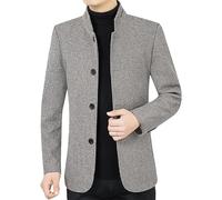 HUIANGLIYG Mens Herringbone Blazer Vintage Tweed Wool Blend Suit Jacket Mandarin Collar Single Breasted Woolen Coat Casual Business Windproof Overcoat Gray Xl