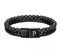 HUIANGLIYG Mens initial Leather Bracelet Adjustable Double Row Braided Natural Lava Rock Beaded Bracelet Personalized Capital Letter A Z Cuff Wristband Jewelry Gift for Husband Dad Son Letter P 19Cm