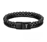 HUIANGLIYG Mens initial Leather Bracelet Adjustable Double Row Braided Natural Lava Rock Beaded Bracelet Personalized Capital Letter A Z Cuff Wristband Jewelry Gift for Husband Dad Son Letter T 19Cm