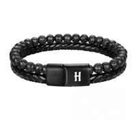HUIANGLIYG Mens initial Leather Bracelet Adjustable Double Row Braided Natural Lava Rock Beaded Bracelet Personalized Capital Letter A Z Cuff Wristband Jewelry Gift for Husband Dad Son Letter H 21Cm
