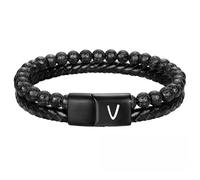 HUIANGLIYG Mens initial Leather Bracelet Adjustable Double Row Braided Natural Lava Rock Beaded Bracelet Personalized Capital Letter A Z Cuff Wristband Jewelry Gift for Husband Dad Son Letter V 23Cm