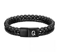 HUIANGLIYG Mens initial Leather Bracelet Adjustable Double Row Braided Natural Lava Rock Beaded Bracelet Personalized Capital Letter A Z Cuff Wristband Jewelry Gift for Husband Dad Son Letter Q 19Cm