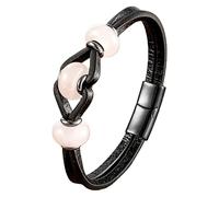 HUIANGLIYG Men'S Leather Bracelet Black Braided Leather Cuff Bangle With Natural Stone Beads Magnetic Clasp Wristband Boho Vintage Jewelry For Men Husband Boyfriend Rose Quartz 21 Cm