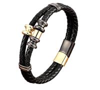 HUIANGLIYG Men'S Leather Bracelet Double Layer Braided Black Leather Wristband With Magnetic Clasp Fashion Bamboo-Shaped Accents Cuff Bracelet For Birthday Valentine'S Day Black+Gold 19 Cm