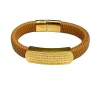 HUIANGLIYG Men'S Leather Bracelet Handmade Braided Cuff Wristband with Magnetic Clasp Engraved Five Way God of Wealth Personalised Jewellery Gift for Husband Boyfriend Dad Friend Yellow 22Cm