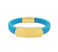 HUIANGLIYG Men'S Leather Bracelet Handmade Braided Cuff Wristband with Magnetic Clasp Engraved Five Way God of Wealth Personalised Jewellery Gift for Husband Boyfriend Dad Friend Blue 20Cm