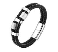 HUIANGLIYG Mens Leather Bracelet, Mens Double Row Black Braided Leather Bracelet Classic Handmade Woven Rope Wristband Casual Business Cuff Bangle with Loops Gift for Boys Him Accessories Silver 21C