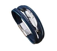 HUIANGLIYG Men'S Leather Bracelet Multi-Layer Handmade Braided Wristband with Silver Feather, Adjustable Magnetic Clasp Cuff Bangle, Thoughtful Gift for Dad Husband Boyfriend Dark Blue 21Cm