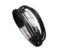 HUIANGLIYG Men'S Leather Bracelet Multi-Layer Handmade Braided Wristband with Silver Feather, Adjustable Magnetic Clasp Cuff Bangle, Thoughtful Gift for Dad Husband Boyfriend Black 21Cm