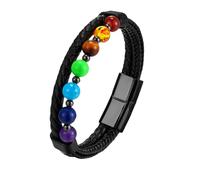 HUIANGLIYG Mens Leather Bracelet, Natural 7 Chakra Stones Beads Bracelet for Men Women Double Row Twist Braided Genuine Leather Bangle Retro Punk Handmade Wristband Jewelry Gift for Friends Black Bu