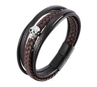 HUIANGLIYG Men'S Leather Bracelet, Skull Genuine Leather Bracelet for Men Multi Layer Twist Braided Handmade Wristband with Magnetic Clasp Punk Rock Style Gothic Bangle for Halloween Brown 22Cm