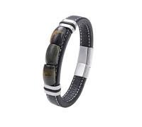 HUIANGLIYG Mens Leather Bracelet, Vintage Tiger Eye Stone Bracelet Leather Stainless Steel Magnetic Clasp Rope Wristband Unisex Black Cuff Wrap Bracelets Blue-Silver 19 Cm