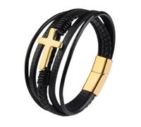 HUIANGLIYG Mens Leather Bracelet with Cross Multi Layer Braided Leather Wristbands with Magnetic Clasp Classic Religious Faith Cuff Bangle Gift for Boys Him Jewelry Accessories Gold 22Cm
