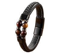 HUIANGLIYG Men'S Leather Bracelet With Natural Stone Beads Unisex Handmade Braided Leather Cuff Bracelet Magnetic Clasp Wrap Wristband Jewelry Gift For Boyfriend Dad Brother Red And Yellow 21 Cm