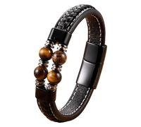 HUIANGLIYG Men'S Leather Bracelet With Natural Stone Beads Unisex Handmade Braided Leather Cuff Bracelet Magnetic Clasp Wrap Wristband Jewelry Gift For Boyfriend Dad Brother Yellow Tiger Eye 19 Cm