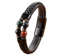 HUIANGLIYG Men'S Leather Bracelet With Natural Stone Beads Unisex Handmade Braided Leather Cuff Bracelet Magnetic Clasp Wrap Wristband Jewelry Gift For Boyfriend Dad Brother Indian Agate 21 Cm