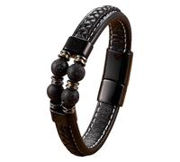 HUIANGLIYG Men'S Leather Bracelet With Natural Stone Beads Unisex Handmade Braided Leather Cuff Bracelet Magnetic Clasp Wrap Wristband Jewelry Gift For Boyfriend Dad Brother Lava Rock 19 Cm
