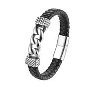 HUIANGLIYG Men'S Leather Braided Bracelet With Magnetic Clasp white Chunky Cuban Chain Cuff Wristband Vintage Punk Hip-Hop Jewelry Gifts For Him Brother Sons Black 23 Cm