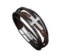 HUIANGLIYG Men'S Leather Cross Bracelet Multi Layer Handmade Braided Wristbands with Magnetic Clasp Retro Christian Faith Bracelet Unique Religious Gift for Him Dark Brown 21Cm