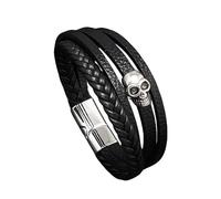 HUIANGLIYG Men'S Leather Skull Bracelet Multi-Layer Braided Wristband with Magnetic Clasp Gothic Punk Biker Jewelry, Thoughtful Gift for Dad Husband Boyfriend Black 20Cm