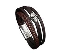 HUIANGLIYG Men'S Leather Skull Bracelet Multi-Layer Braided Wristband with Magnetic Clasp Gothic Punk Biker Jewelry, Thoughtful Gift for Dad Husband Boyfriend Brown 21Cm